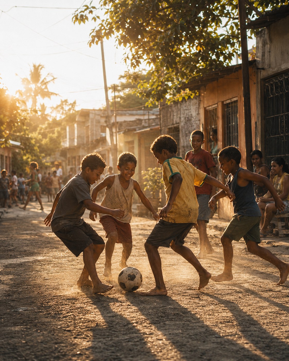 Kinder spielen Fußball auf einer Straße im warmen Abendlicht