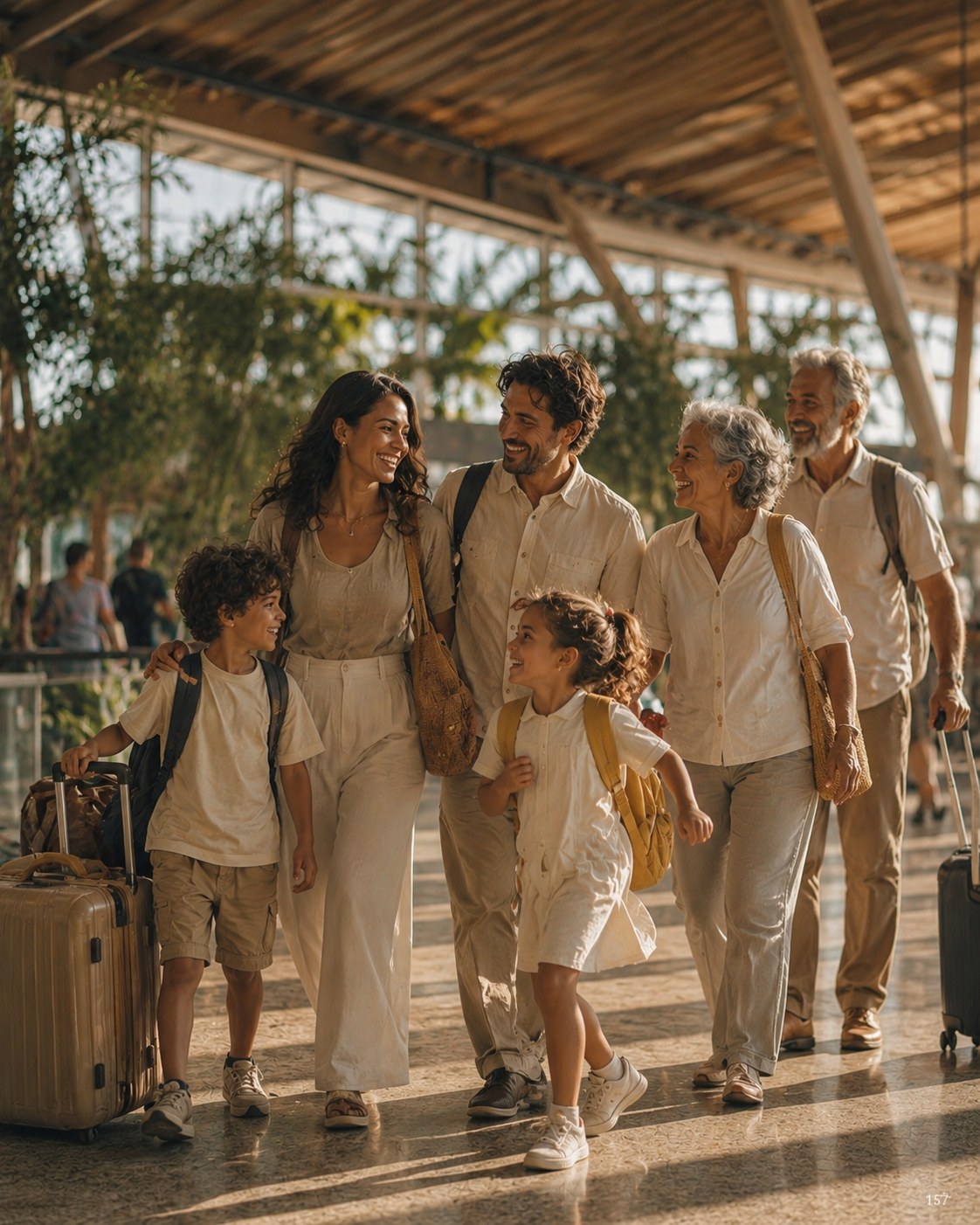 Familie beginnt ihre gemeinsame Reise mit sichtbarer Vorfreude