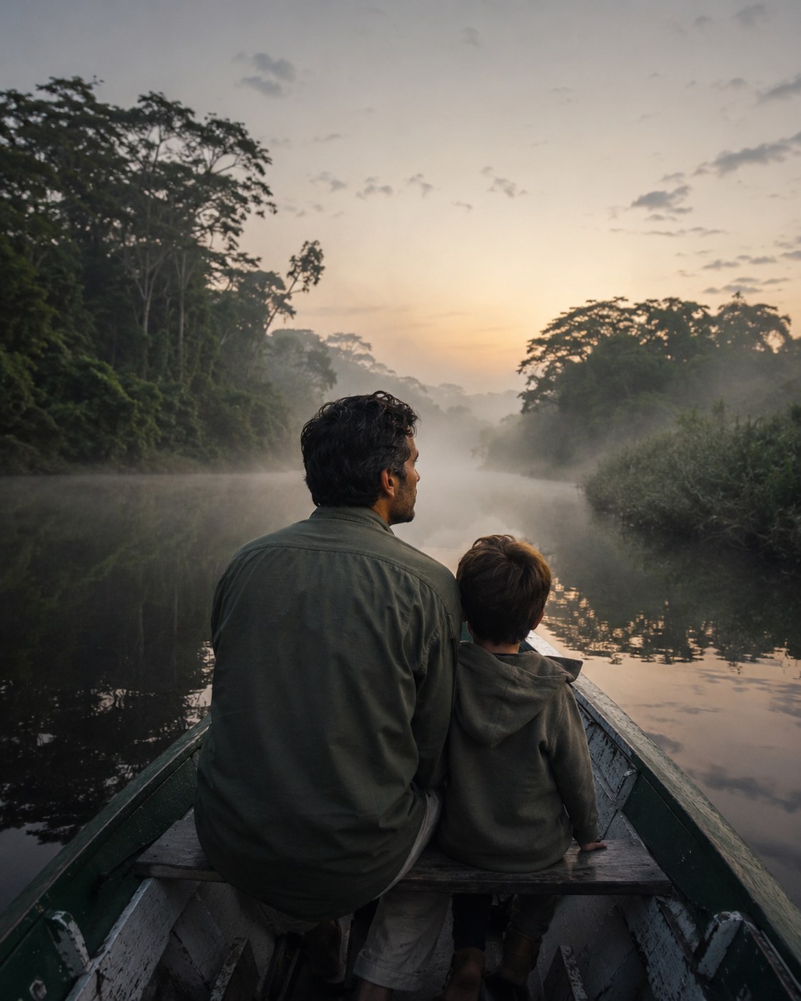 Ruhiger Fluss im Amazonas im ersten Morgenlicht